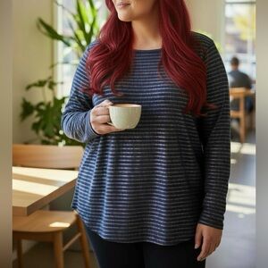 St. Johns Bay Women's Navy Blue & Silver Shimmer Striped Long Sleeve Shirt